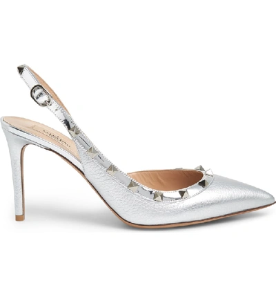 Valentino The Rockstud Metallic Textured-leather Slingback Pumps In Silver