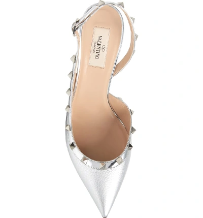 Valentino The Rockstud Metallic Textured-leather Slingback Pumps In Silver