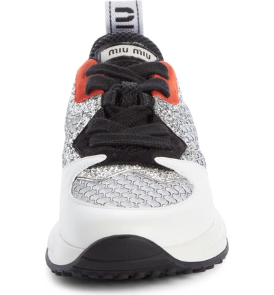 Shop Miu Miu Mesh Glitter Sneaker In White/ Black/ Silver