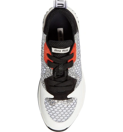 Shop Miu Miu Mesh Glitter Sneaker In White/ Black/ Silver