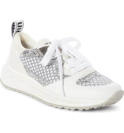 Shop Miu Miu Mesh Glitter Sneaker In White/ Silver