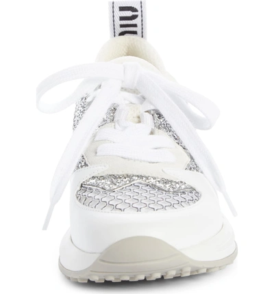 Shop Miu Miu Mesh Glitter Sneaker In White/ Silver