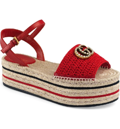 Shop Gucci Lilibeth Gg Platform Espadrille Sandal In Hibiscus Red