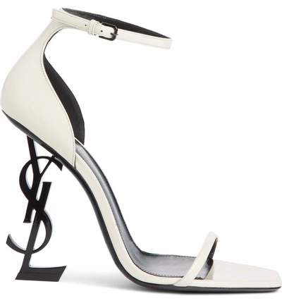 Shop Saint Laurent Opyum Ysl Ankle Strap Sandal In Latte Patent/ Black