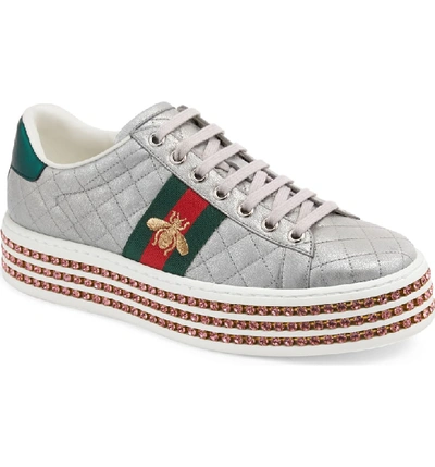 Shop Gucci New Ace Platform Sneaker In Argento Leather