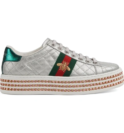 Shop Gucci New Ace Platform Sneaker In Argento Leather