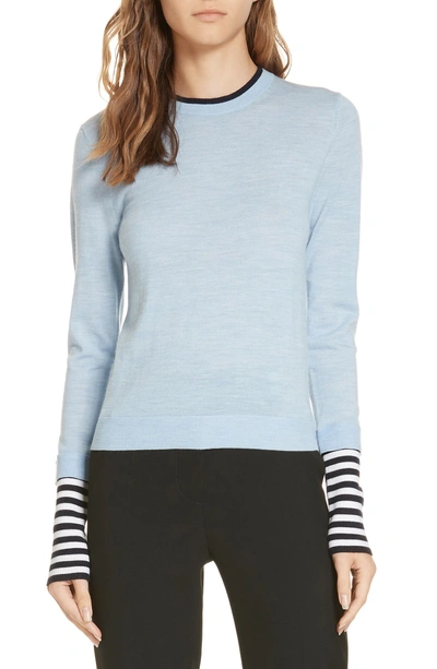 Shop Veronica Beard Avory Contrast Cuff Merino Wool Sweater In Light Blue