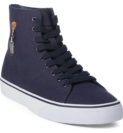 Shop Polo Ralph Lauren Polo Bear High Top Sneaker In Newport Navy Canvas