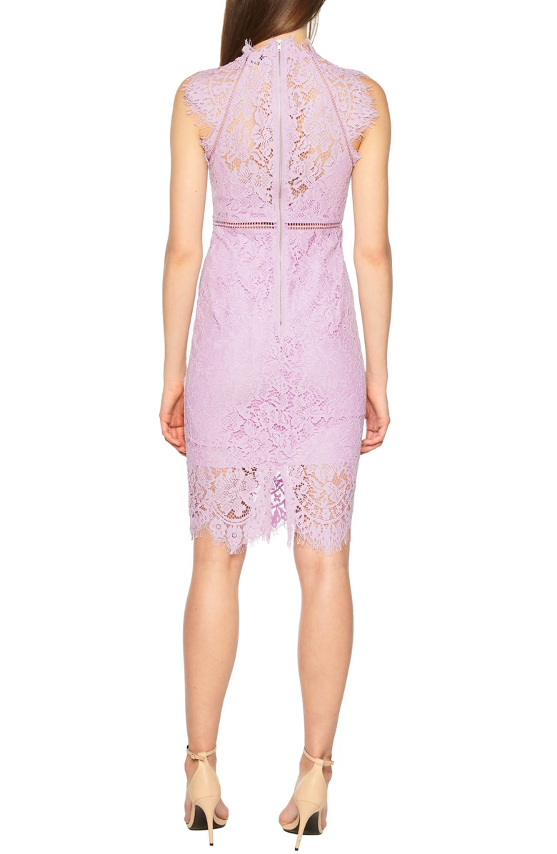 bardot scalloped lace sheath dress