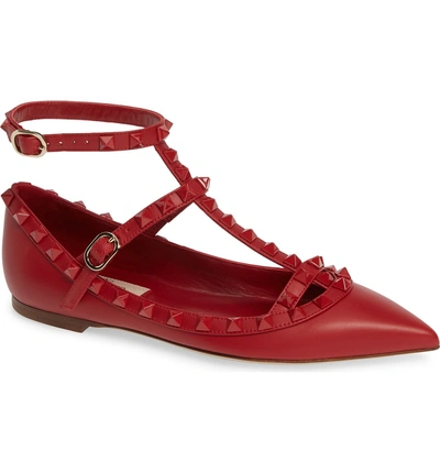 Shop Valentino Rockstud Double Ankle Strap Pointy Toe Flat In Red