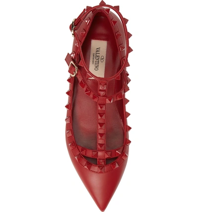 Shop Valentino Rockstud Double Ankle Strap Pointy Toe Flat In Red