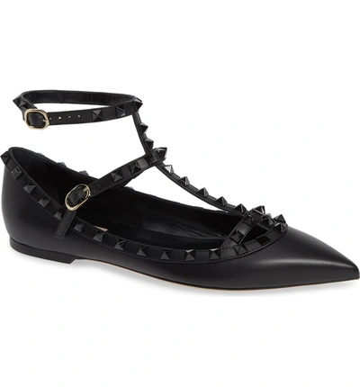 Shop Valentino Rockstud Double Ankle Strap Pointy Toe Flat In Black