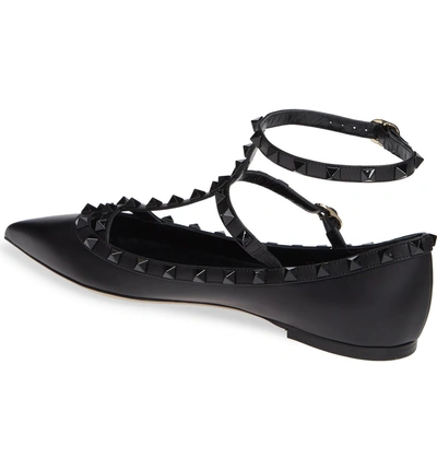Shop Valentino Rockstud Double Ankle Strap Pointy Toe Flat In Black