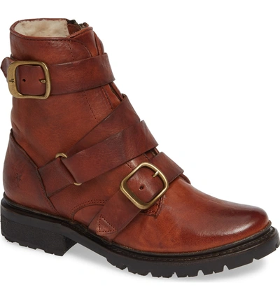 Shop Frye Vanessa Tanker Genuine Shearling Lined Boot In Cognac Leather