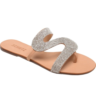 Shop Schutz Noemi Embellished Flip Flop In Honey Beige Nubuck Leather