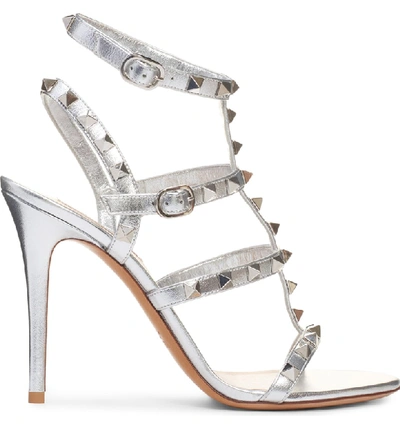 Shop Valentino Rockstud Metallic Ankle Strap Sandal In Silver