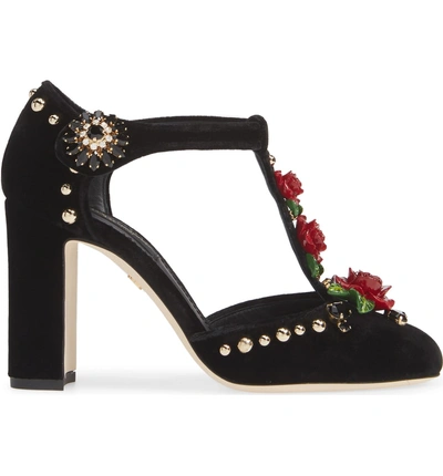 Shop Dolce & Gabbana Embellished T-strap Rose Pump In Black