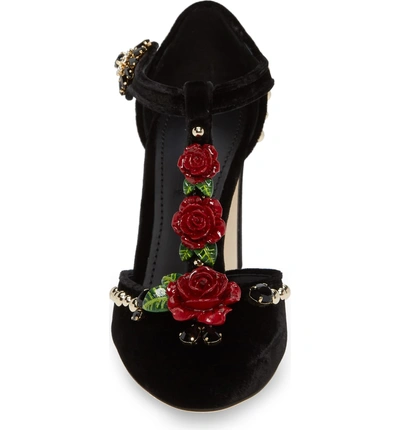 Shop Dolce & Gabbana Embellished T-strap Rose Pump In Black