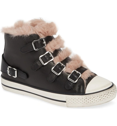 Shop Ash Valko High Top Sneaker In Black/ Rose Faux Fur