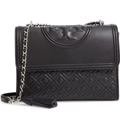 Shop Tory Burch Fleming Leather Convertible Shoulder Bag In Black / Silver