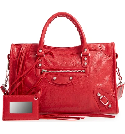 Shop Balenciaga Small Classic City Logo Strap Leather Tote - Red In Rouge/ Noir