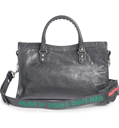 Shop Balenciaga Small Classic City Logo Strap Leather Tote - Grey In Dark Grey/ Black