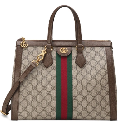 Shop Gucci Medium Canvas Satchel In Beige Ebony/ Acero/ Vert Red