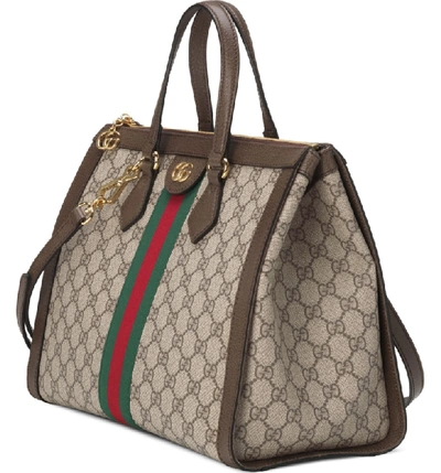 Shop Gucci Medium Canvas Satchel In Beige Ebony/ Acero/ Vert Red