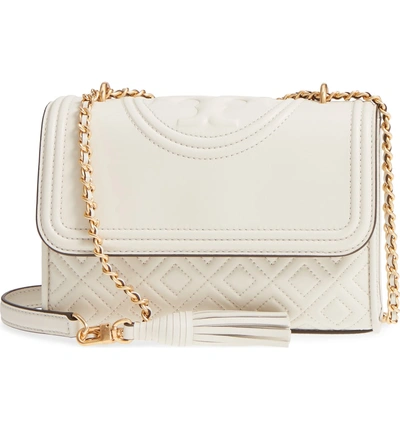 Shop Tory Burch Small Fleming Quilted Lambskin Leather Convertible Shoulder Bag - White In Birch
