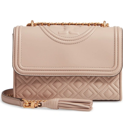 Shop Tory Burch Small Fleming Quilted Lambskin Leather Convertible Shoulder Bag - Grey In Light Taupe