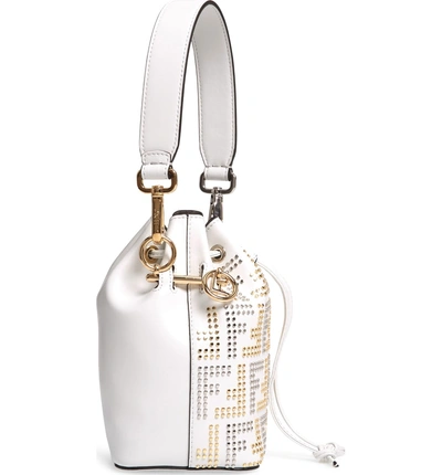 Shop Fendi Mon Tresor Studded Logo Leather Bucket Bag In Ice/ Oro/ Palladio