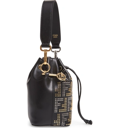 Shop Fendi Mon Tresor Studded Logo Leather Bucket Bag - Black In Nero/ Oro/ Palladio