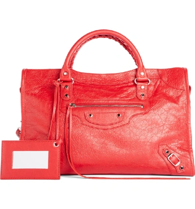 Shop Balenciaga Classic City Aj Logo Strap Leather Tote - Red In Rouge/ Noir