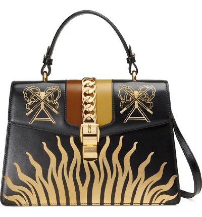 Shop Gucci Medium Sylvie Top Handle Leather Bag - Black In Black Gold/ Caramel/ Ochre