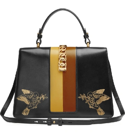 Shop Gucci Medium Sylvie Top Handle Leather Bag - Black In Black Gold/ Caramel/ Ochre