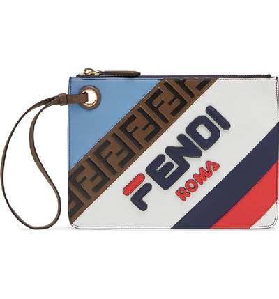 Shop Fendi X Fila Small Mania Logo Leather Clutch - Blue In Nebul/ Berry Multi