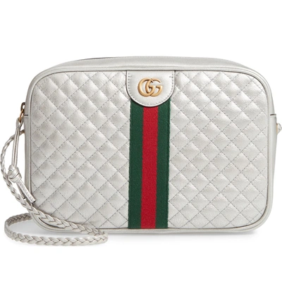 Shop Gucci Small Quilted Metallic Leather Shoulder Bag - Metallic In Argento/ Vert Red Vert