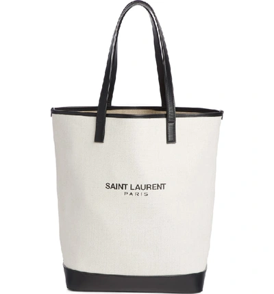 Shop Saint Laurent Teddy Linen Tote - White In Lino Bianco/ Nero