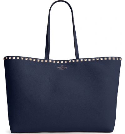 Shop Valentino Rockstud Leather Tote In Pure Blue