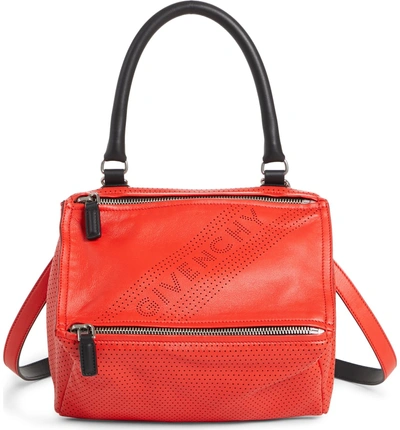 Shop Givenchy Small Pandora Perforated Logo Leather Satchel - Red In Pop Red