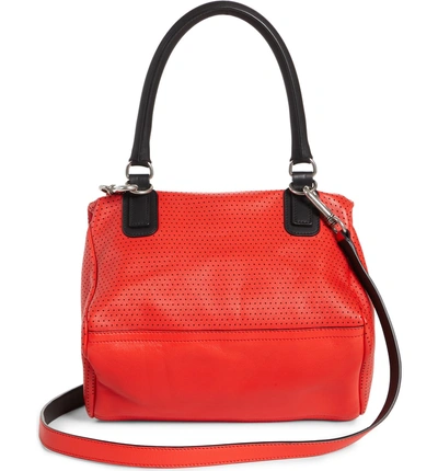 Shop Givenchy Small Pandora Perforated Logo Leather Satchel - Red In Pop Red