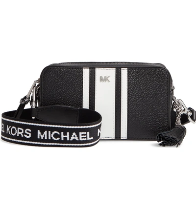 Michael Michael Kors Small Striped Leather Camera Crossbody In Black/ Optic  White | ModeSens