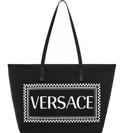 Shop Versace Logo Canvas Tote - Black In Black/ White