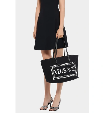 Shop Versace Logo Canvas Tote - Black In Black/ White