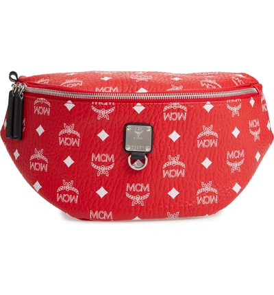 Shop Mcm Fursten Visetos Coated Canvas Belt Bag In White Logo Viva Red