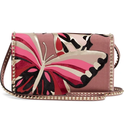 Shop Valentino Patchwork Butterfly Leather & Textile Shoulder Bag - Pink In Lip