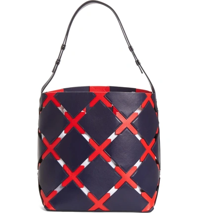 Shop Calvin Klein 205w39nyc Patchwork Quilt Leather Bucket Bag In Navy/ Red