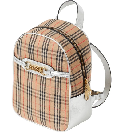 Shop Burberry Link Vintage Check Canvas Backpack - Brown In Antique Yellow/ Silver