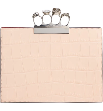 Shop Alexander Mcqueen Croc Embossed Leather Knuckle Clutch In Colurie/ Ivory