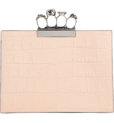 Shop Alexander Mcqueen Croc Embossed Leather Knuckle Clutch In Colurie/ Ivory